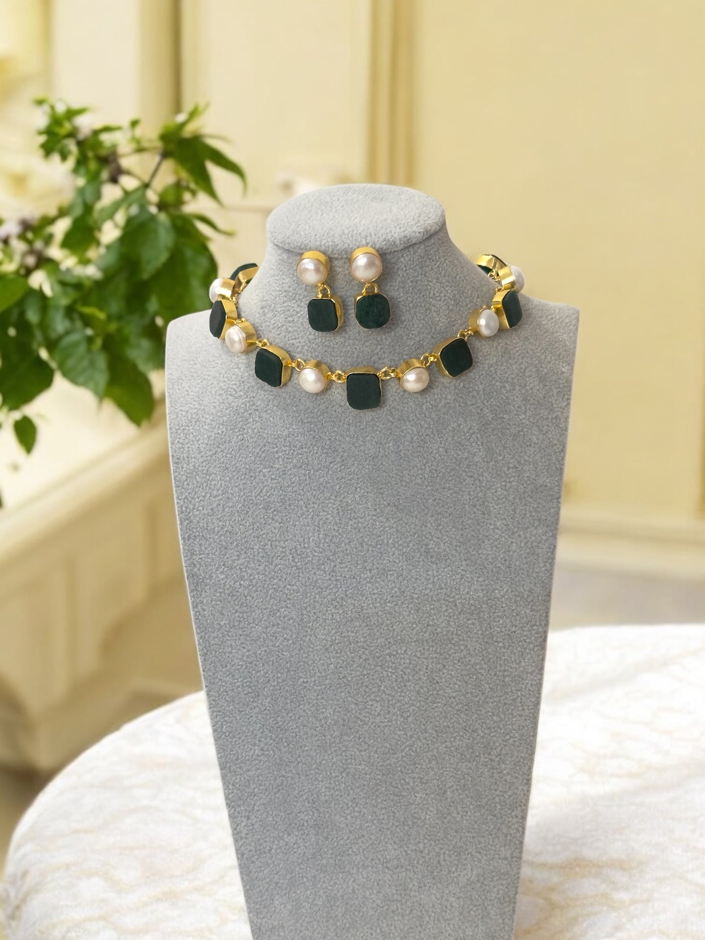 Seven Whispers Stone and Pearl Necklace Set with Earrings