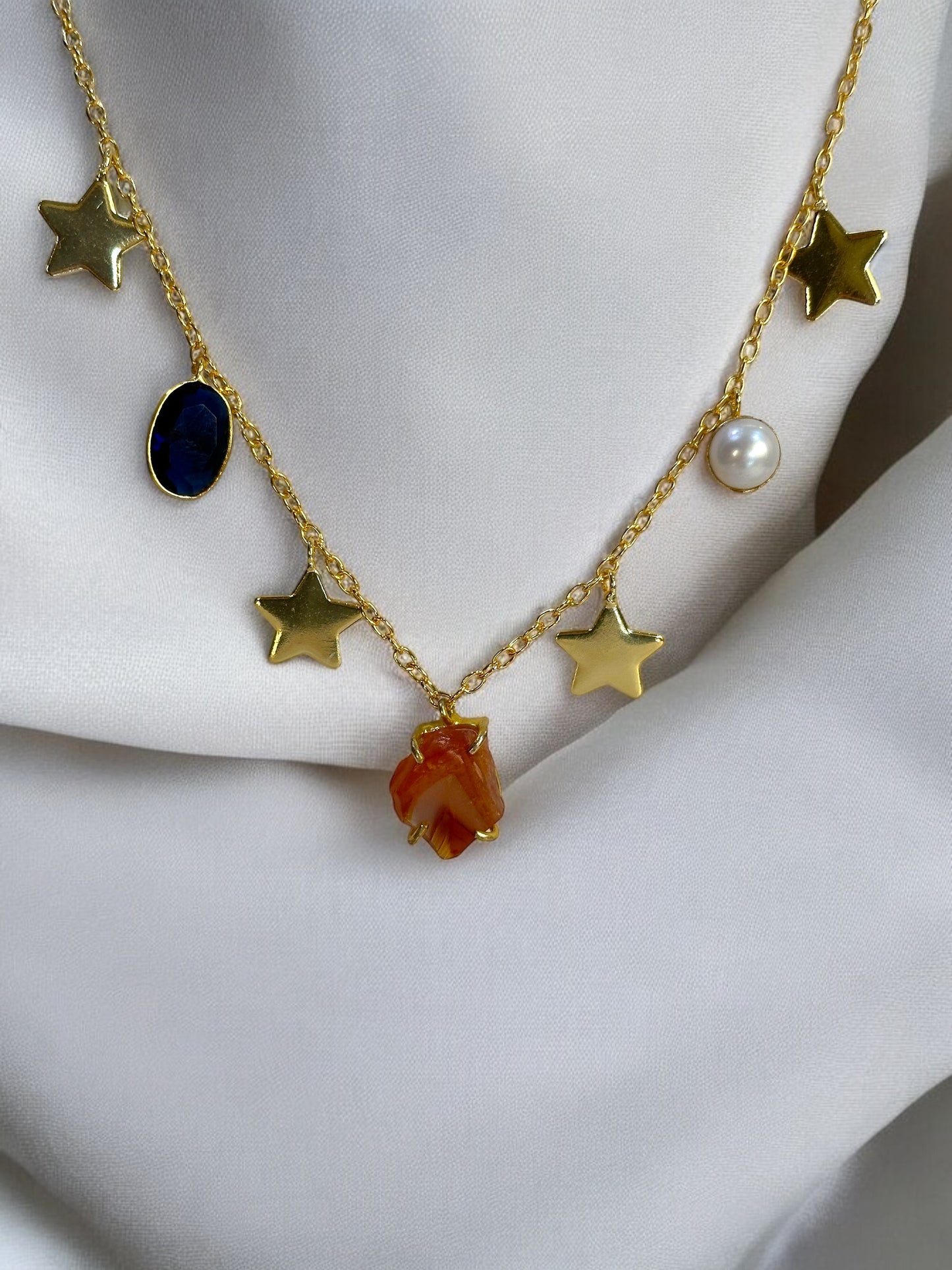 Carnelian and Stars Dainty Charm Neck Chain