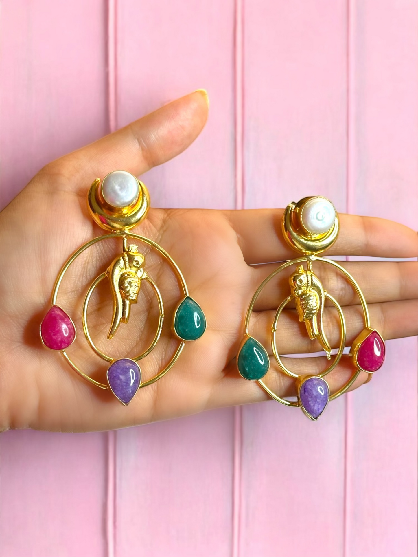 Totapari Stone Pearl Statement Dangler Brass Earrings