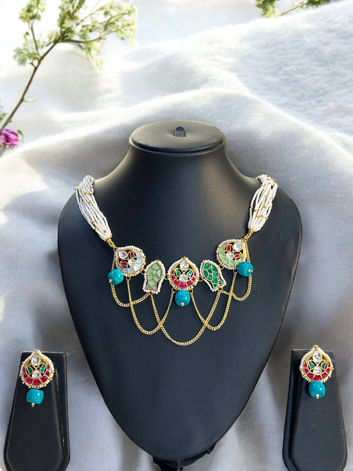 Turquoise Minimal Pachi Kundan Choker Set