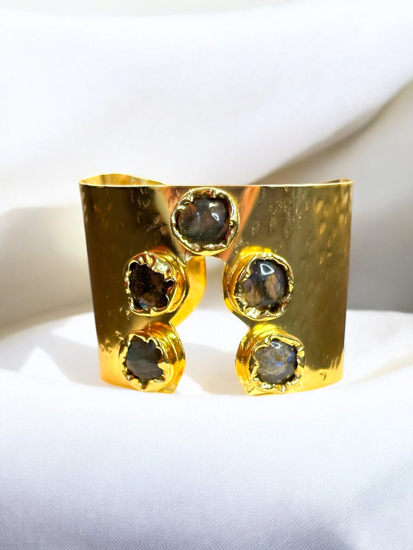 Natural Stone Panch Lazer Cut Brass Cuff Adjustable