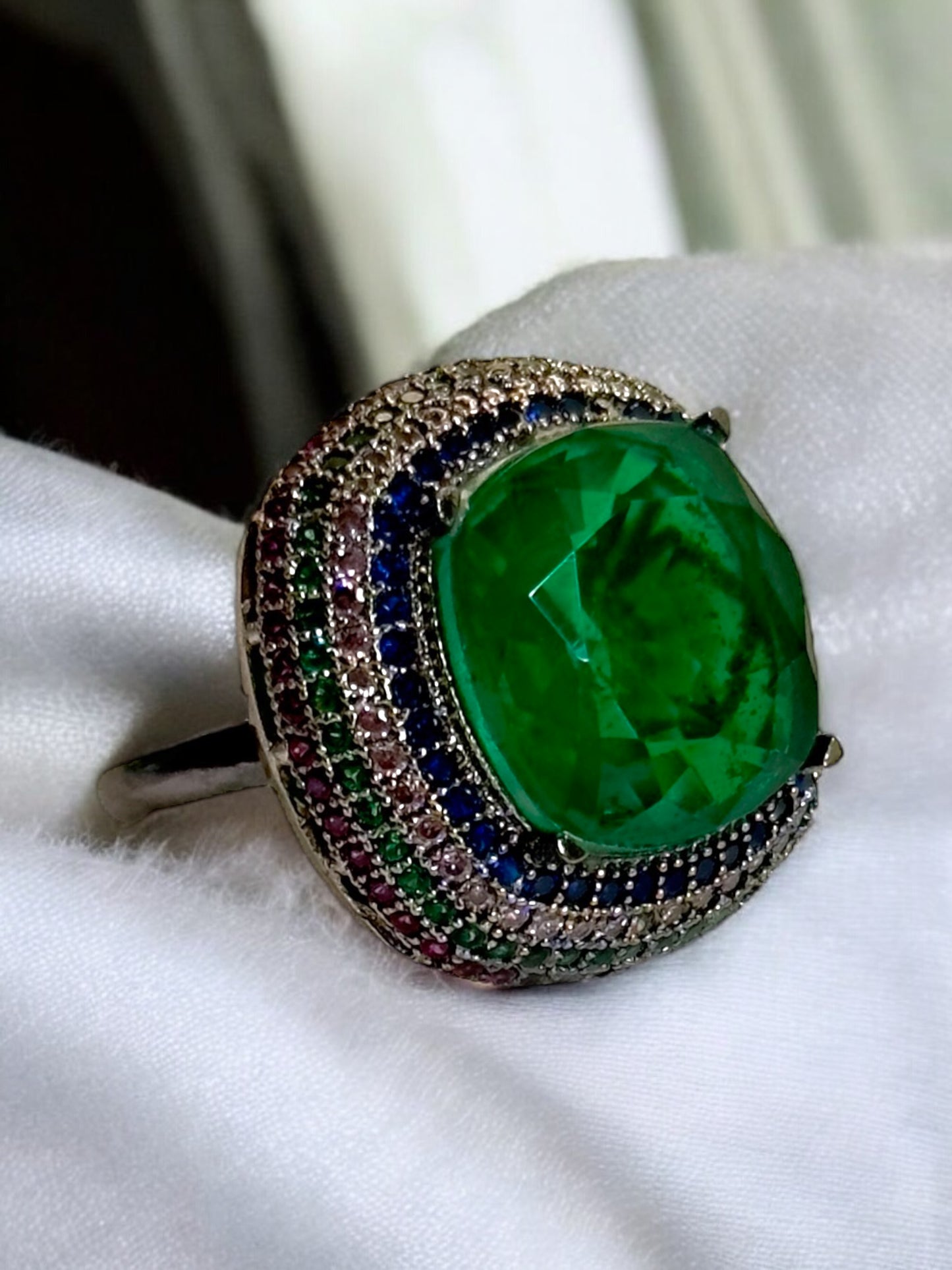 Green Crushed Doublet Square Cocktail Ring Adjustable