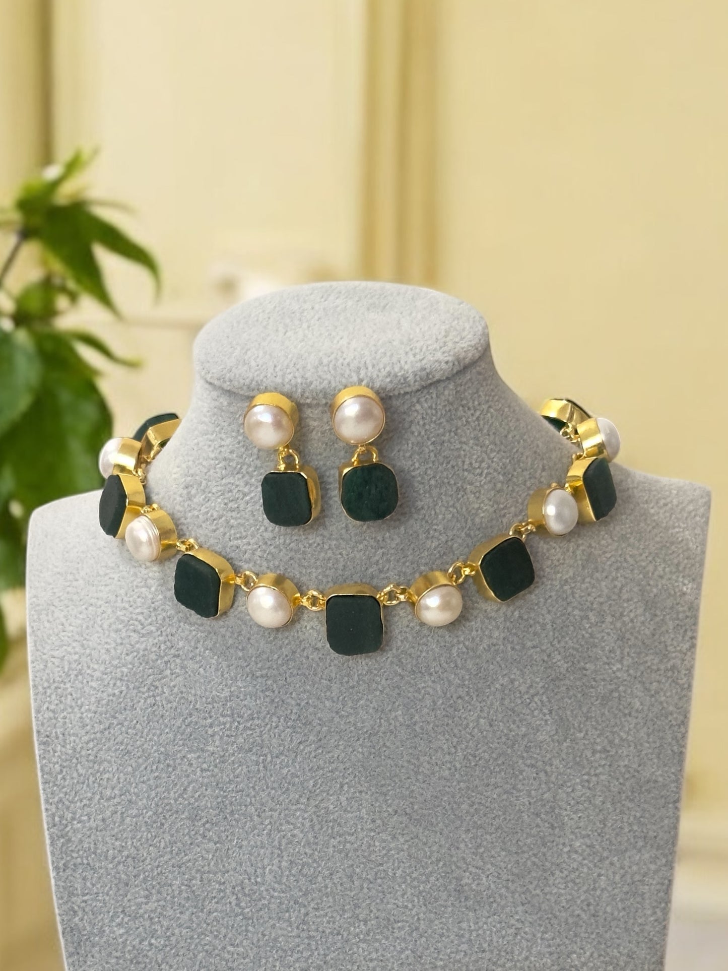 Seven Whispers Stone and Pearl Necklace Set with Earrings