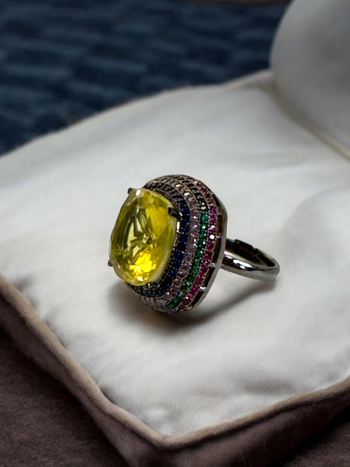 Yellow Crushed Doublet Square Cocktail Ring Adjustable