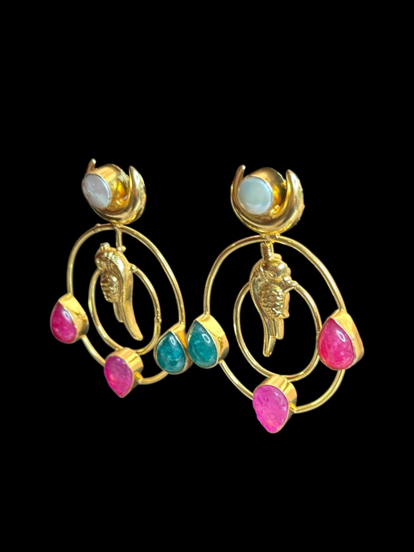 Totapari Stone Pearl Statement Dangler Brass Earrings
