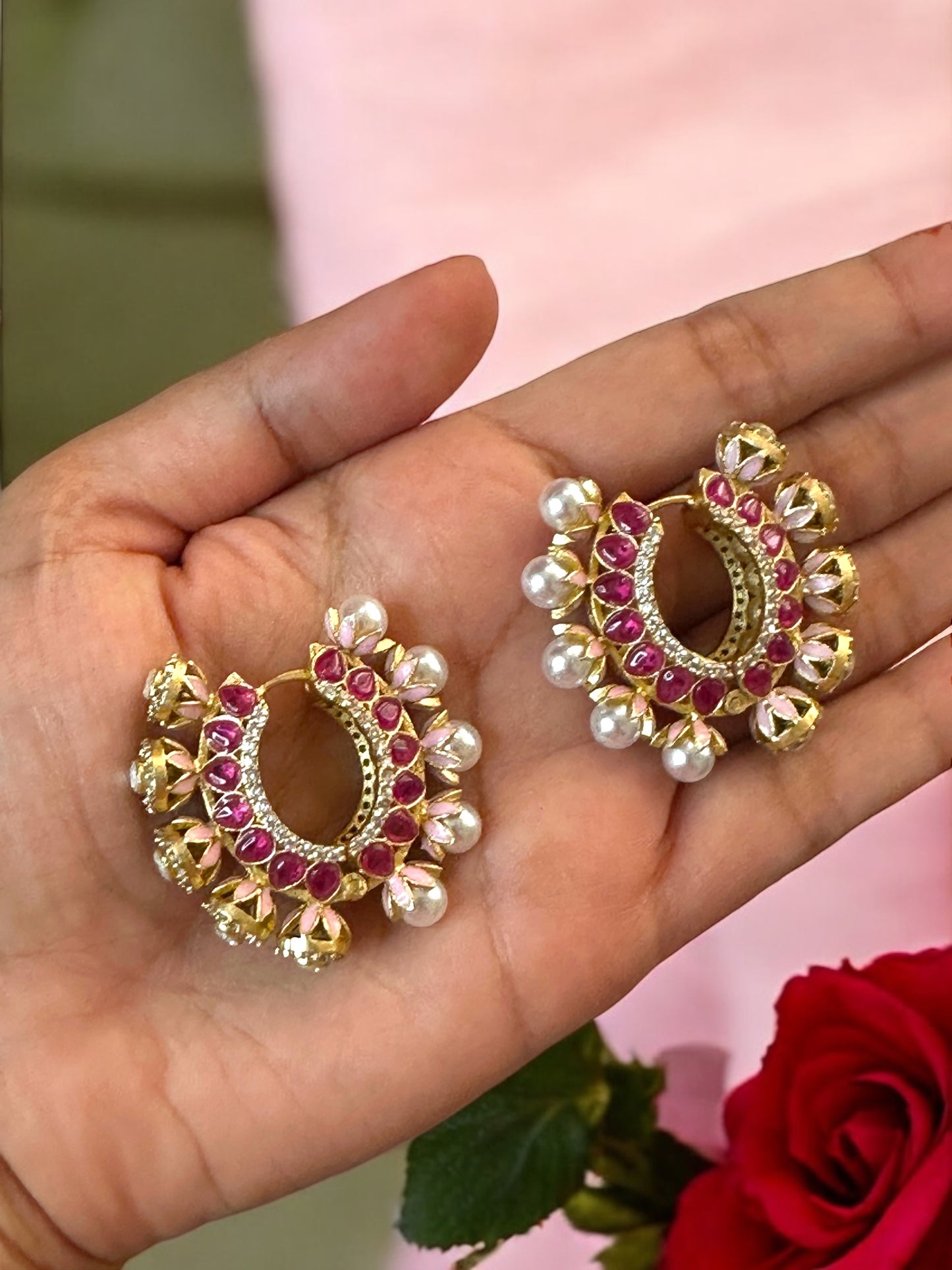 Inaraa Reversible AD-Pearl Brass Hoops