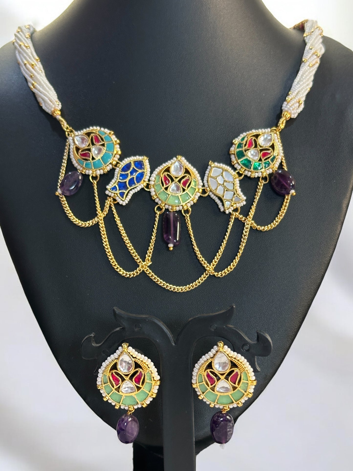 Purple Amethyst Machali Pachi Kundan Choker Set