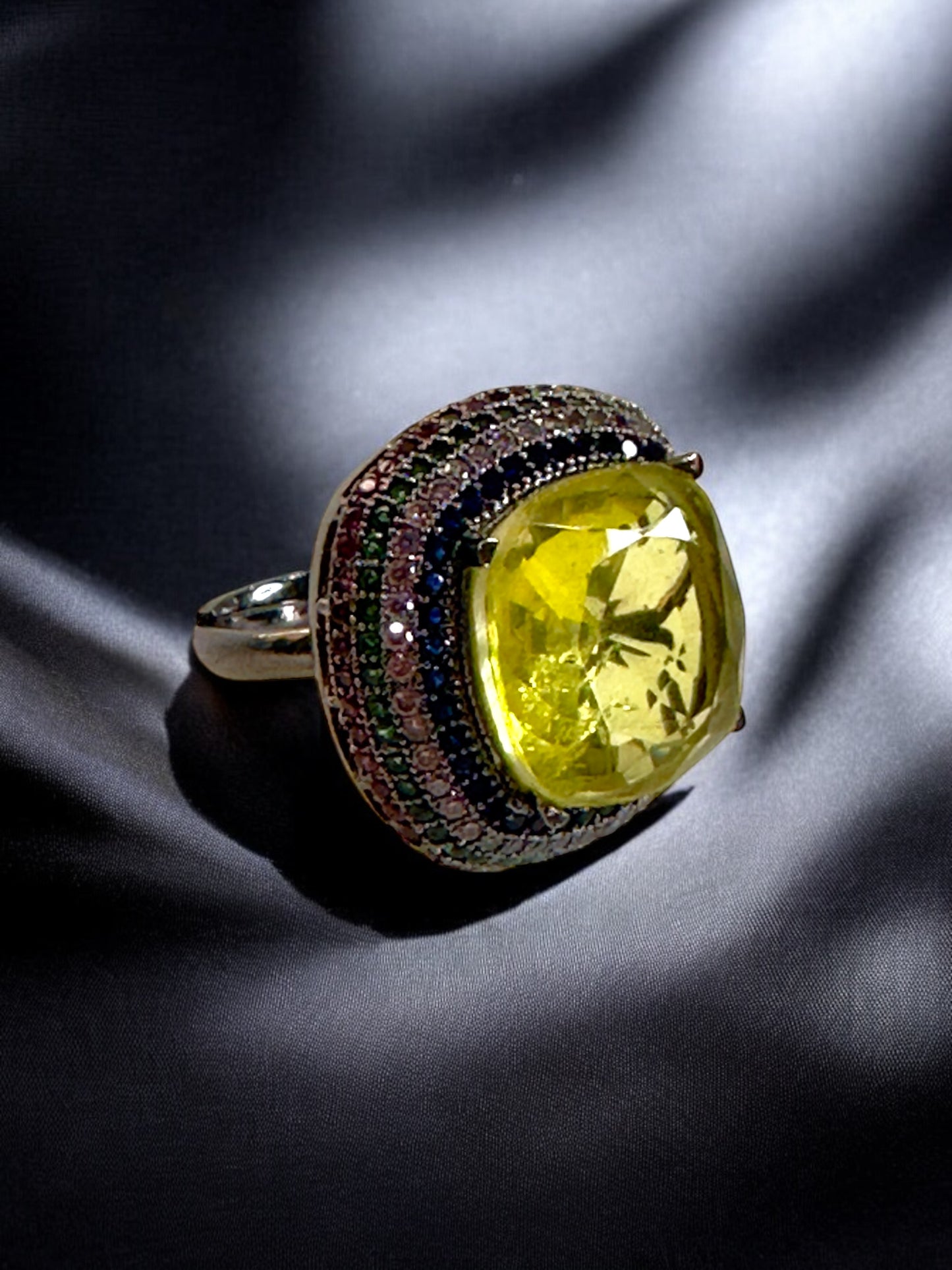 Yellow Crushed Doublet Square Cocktail Ring Adjustable