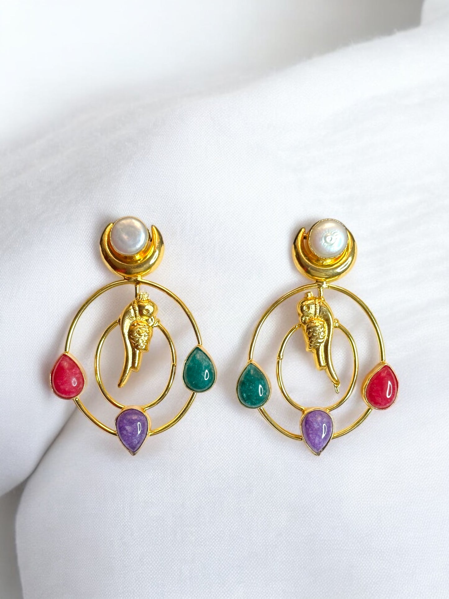 Totapari Stone Pearl Statement Dangler Brass Earrings