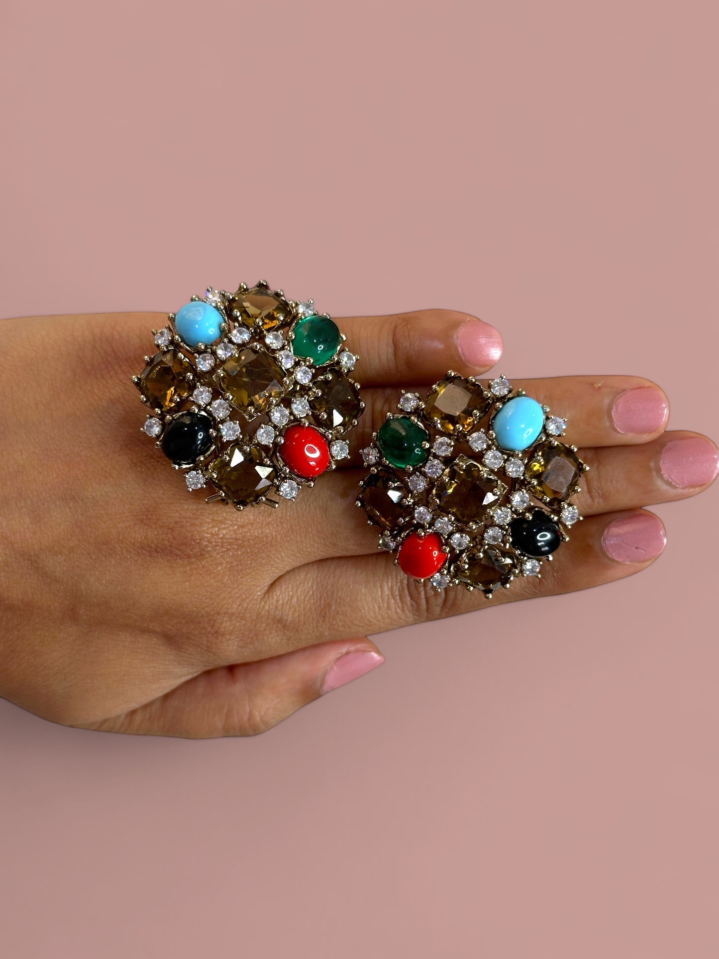 Brown with Semi Precious Stone Oversized Studs