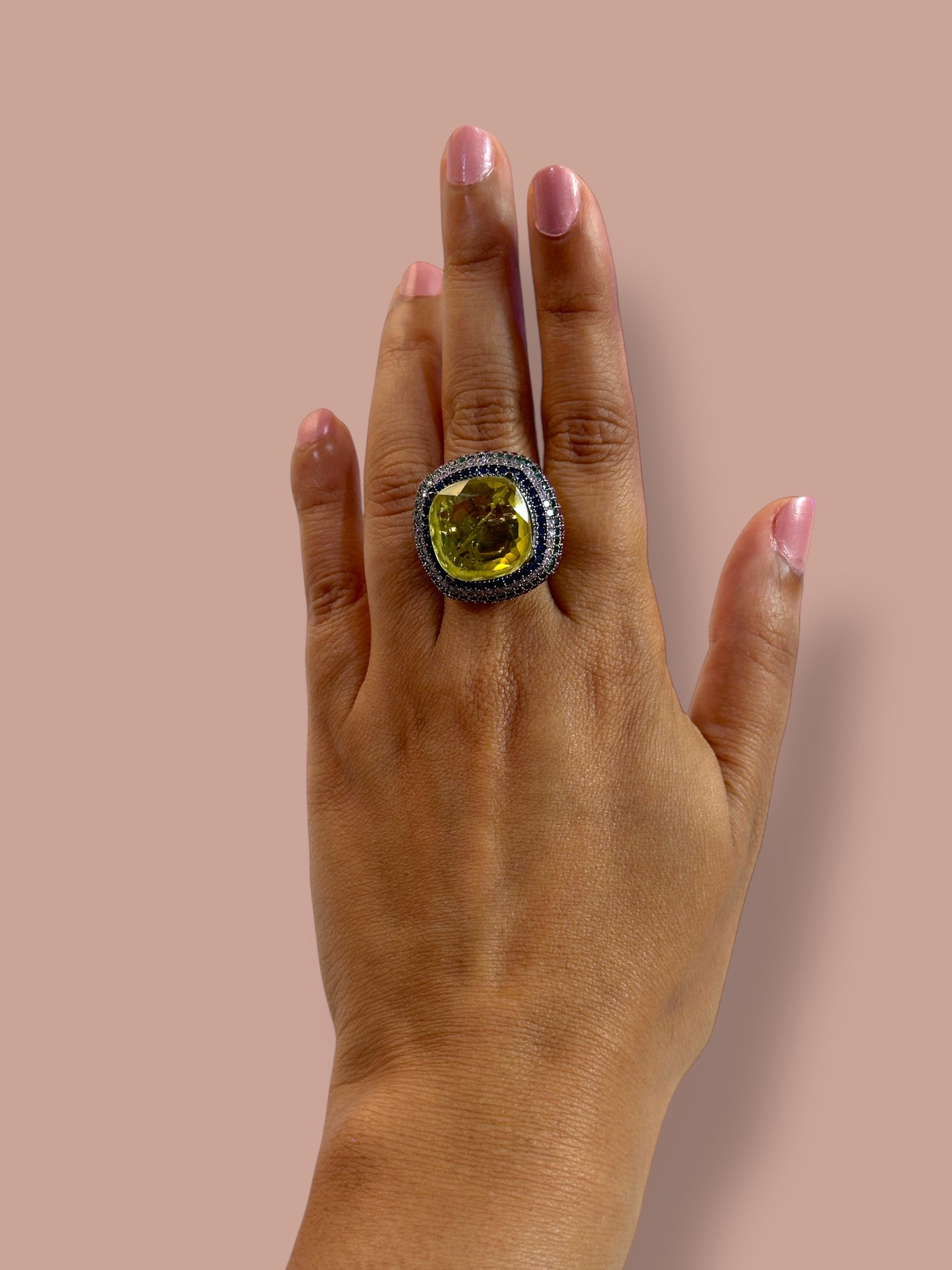 Yellow Crushed Doublet Square Cocktail Ring Adjustable