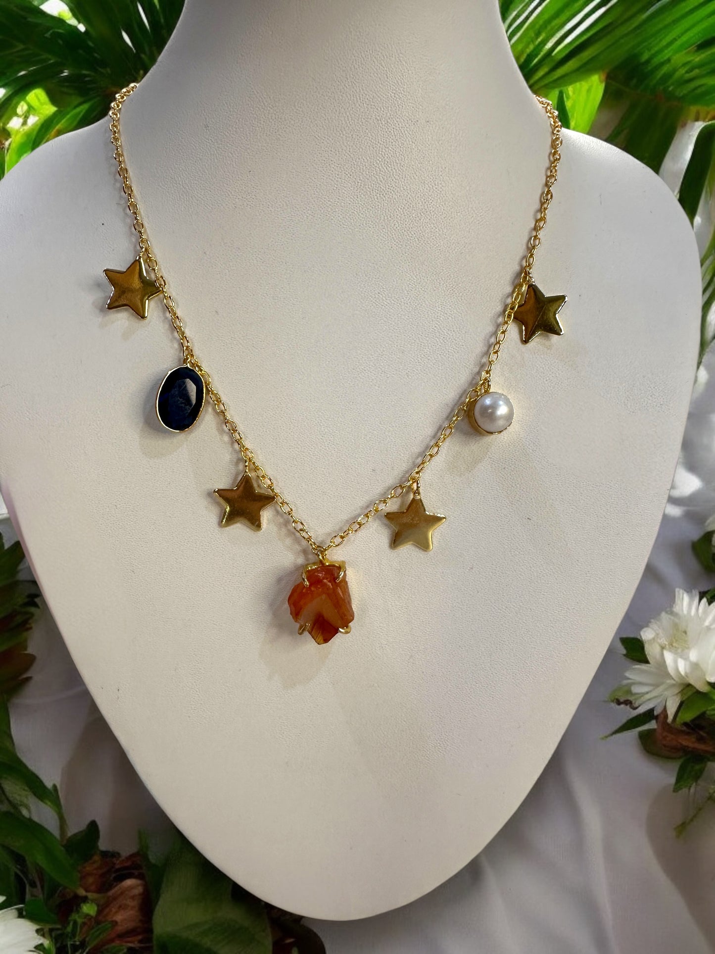 Carnelian and Stars Dainty Charm Neck Chain