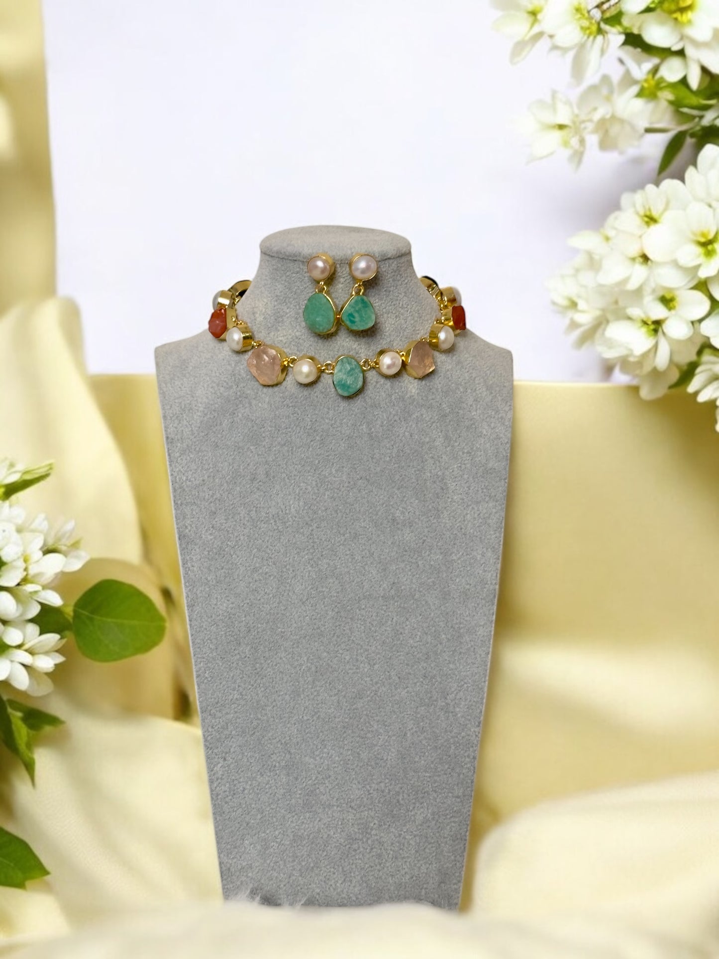 Seven Whispers Stone and Pearl Necklace Set with Earrings