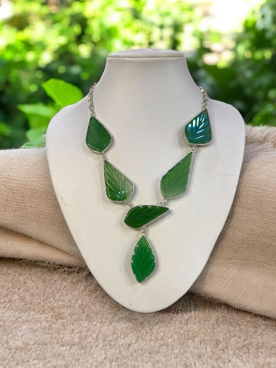 Green Onyx Leaf Carving Boho Necklace