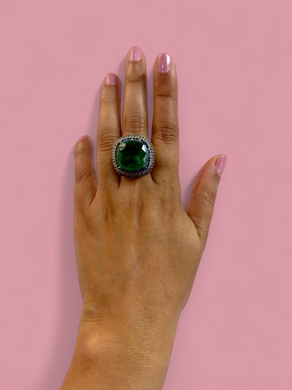 Green Crushed Doublet Square Cocktail Ring Adjustable