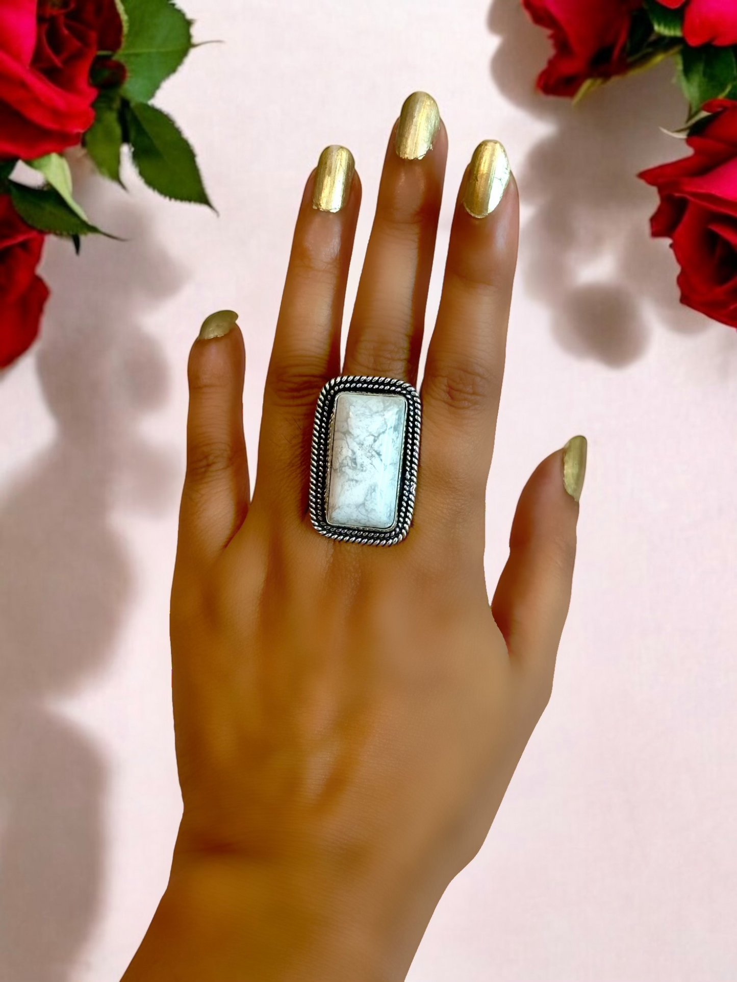 White Howlite Stone Chunky Adjustable White Alloy Ring