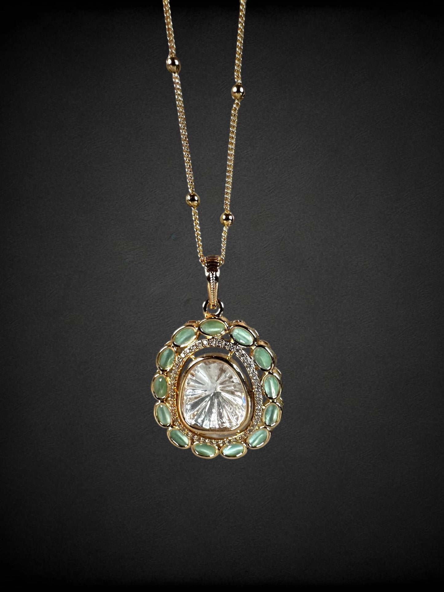 Mint Oval Minimal Polki Pendant Set