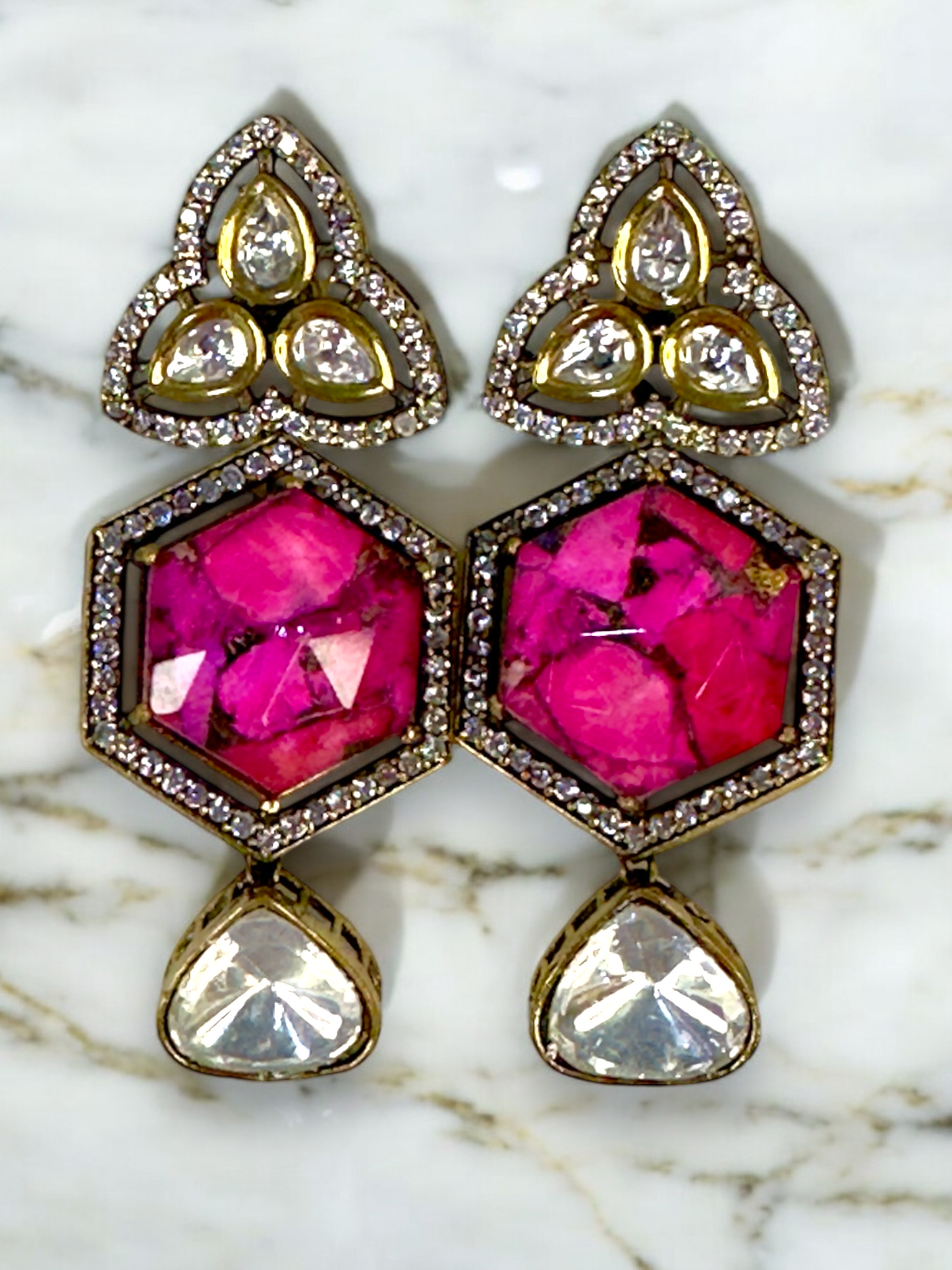 Hex Marble Stone Moissanite Polki Brass Earrings