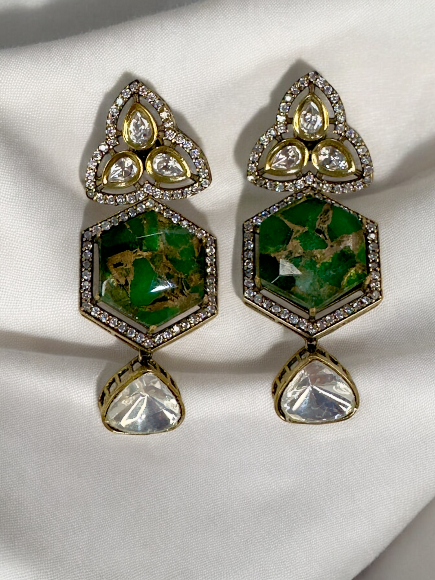 Hex Marble Stone Moissanite Polki Brass Earrings