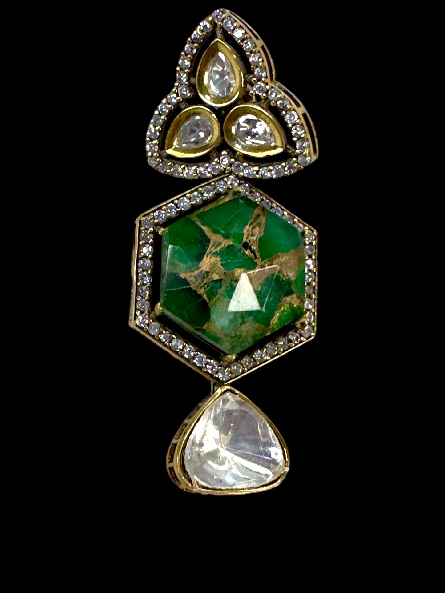 Hex Marble Stone Moissanite Polki Brass Earrings