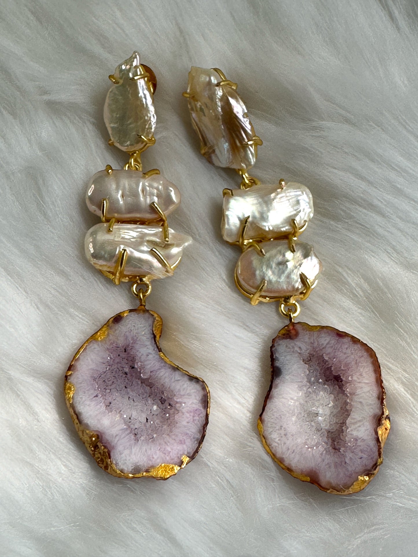 Purple Sugar Druzy Agate and Baroque Pearl Danglers