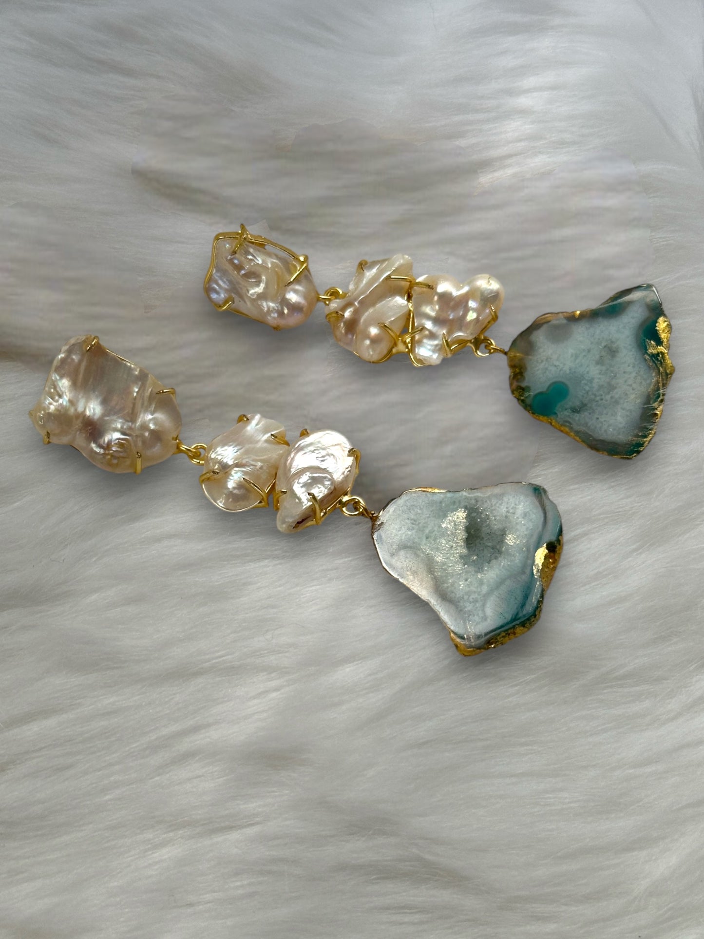 Teal Sugar Druzy Agate and Baroque Pearl Danglers
