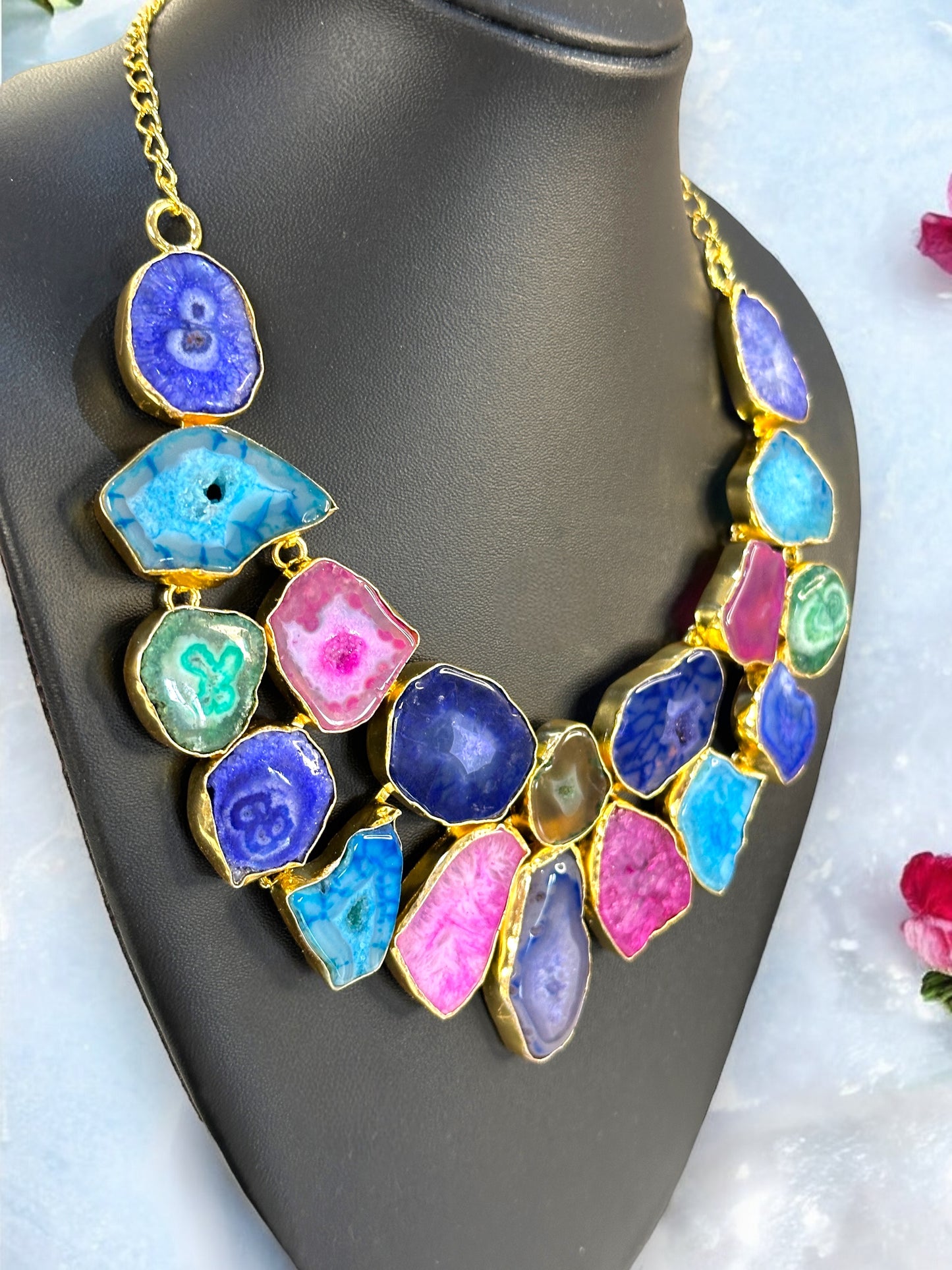 Multicolored Agate Stone Slice Brass Necklace Set