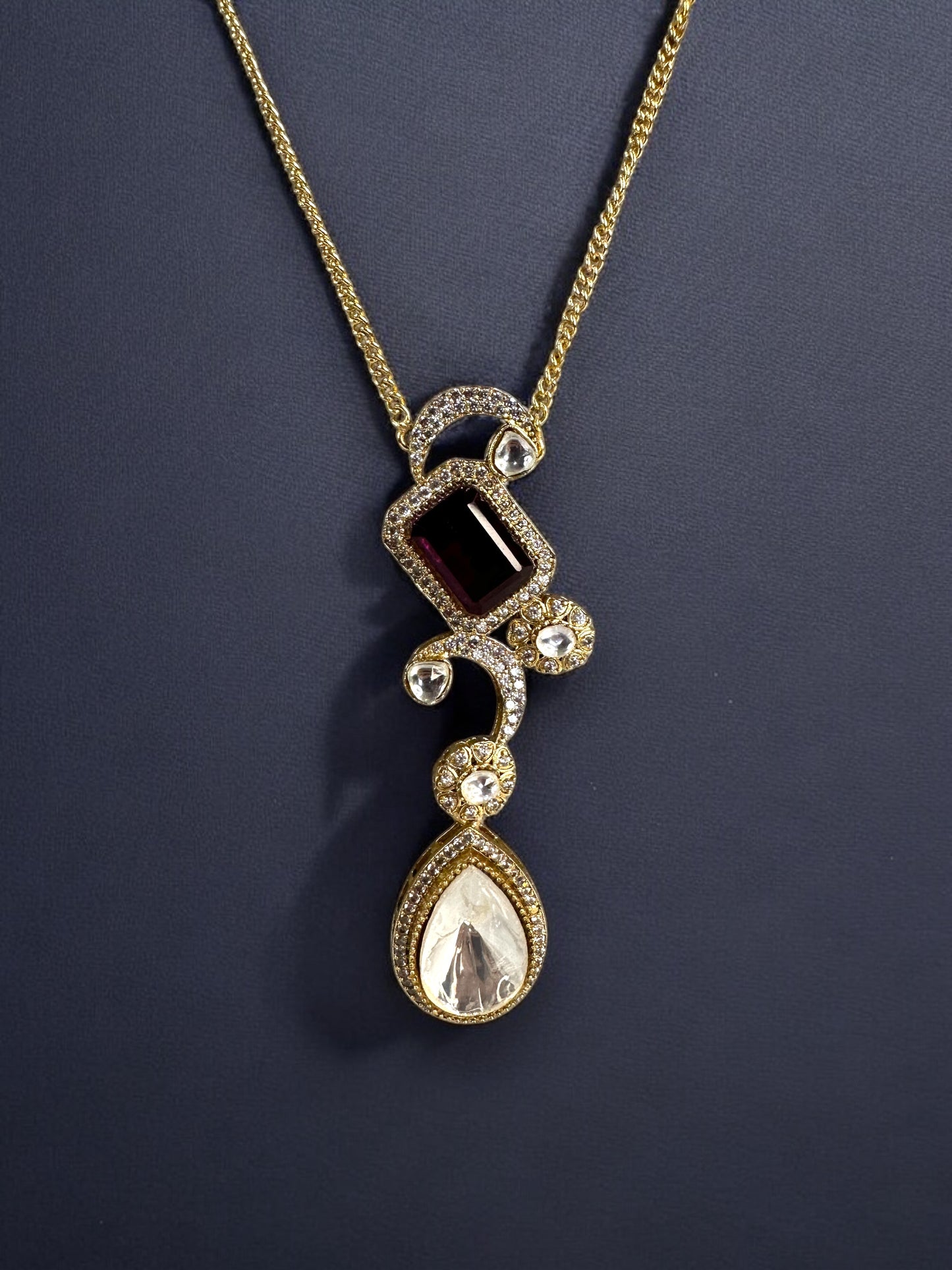 Maroon Teardrop Polki Pendant Set