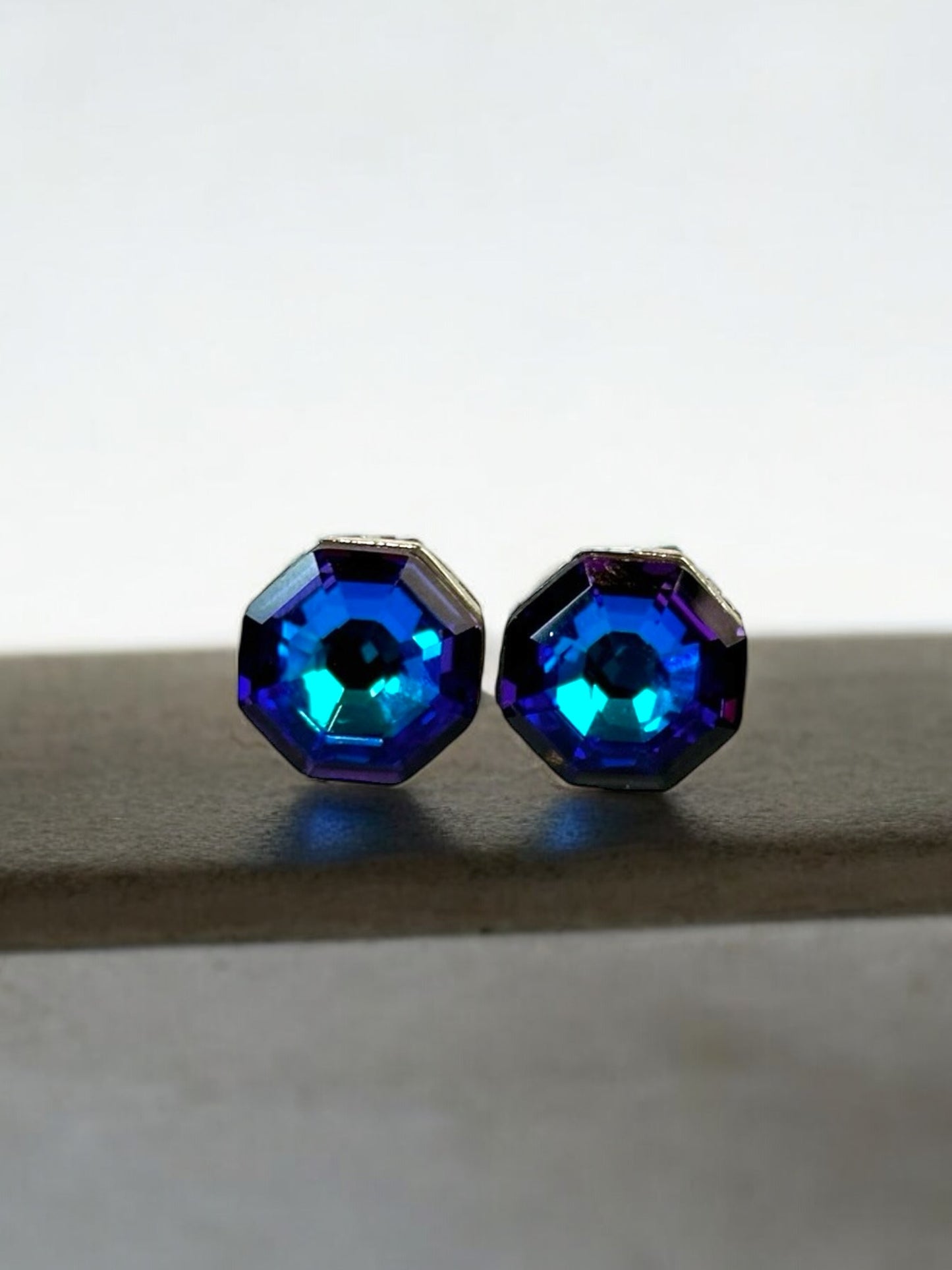 Blue Swarovski Crystal Octagonal Pendant With Studs
