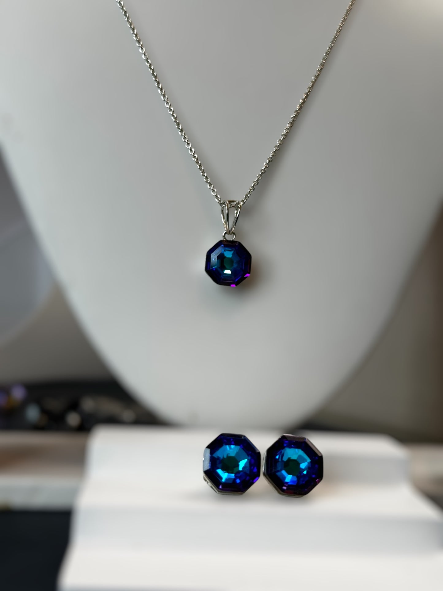 Blue Swarovski Crystal Octagonal Pendant With Studs