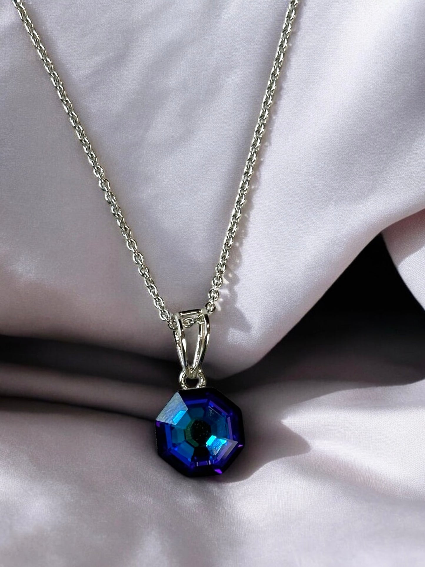 Blue Swarovski Crystal Octagonal Pendant With Studs