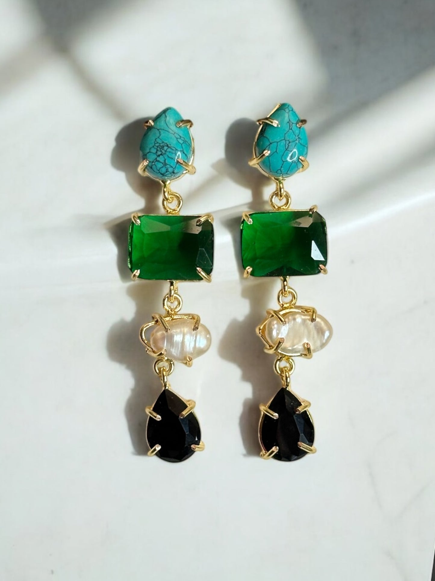 Stone and Pearl Long Danglers Earrings