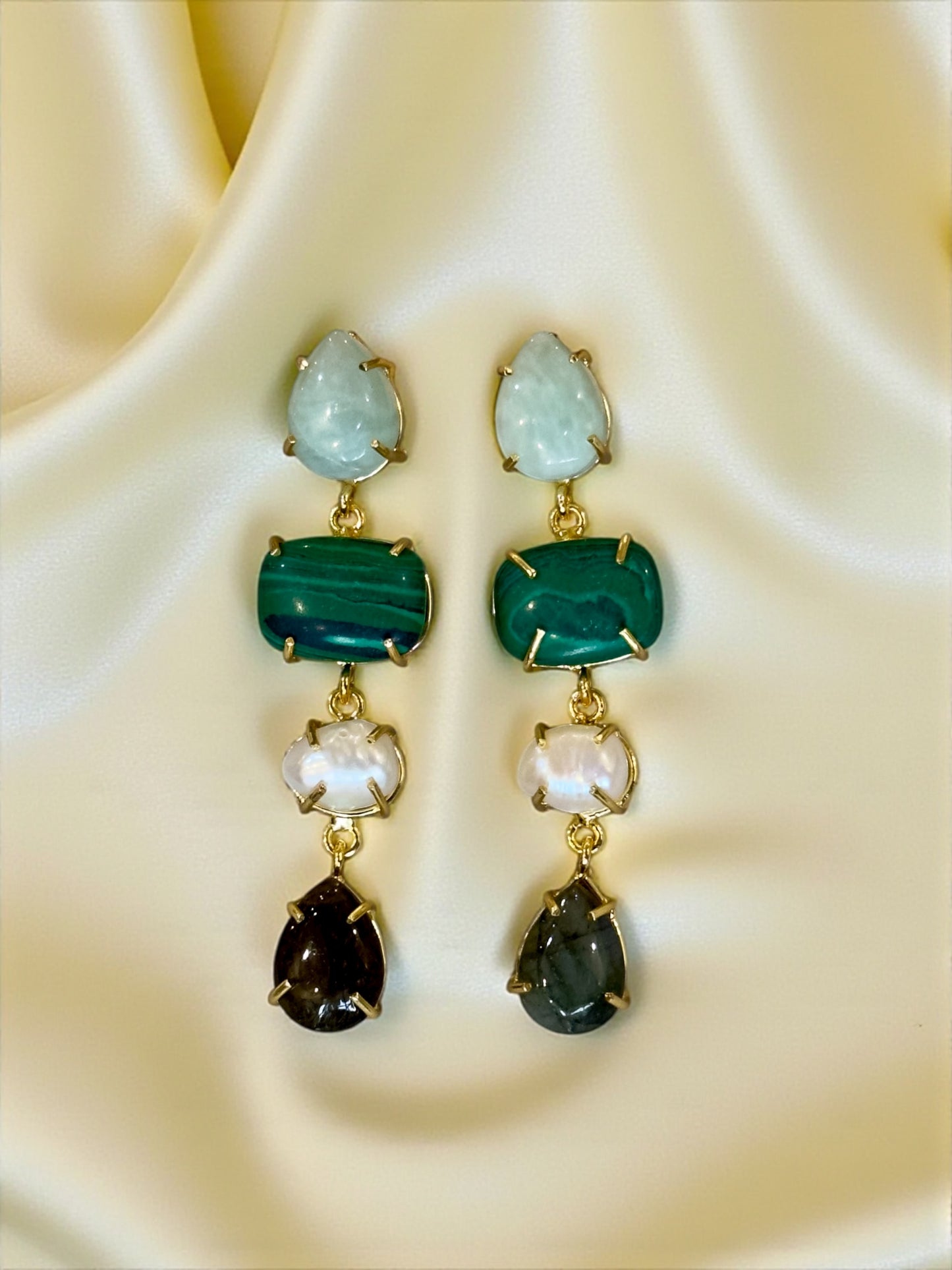 Stone and Pearl Long Danglers Earrings