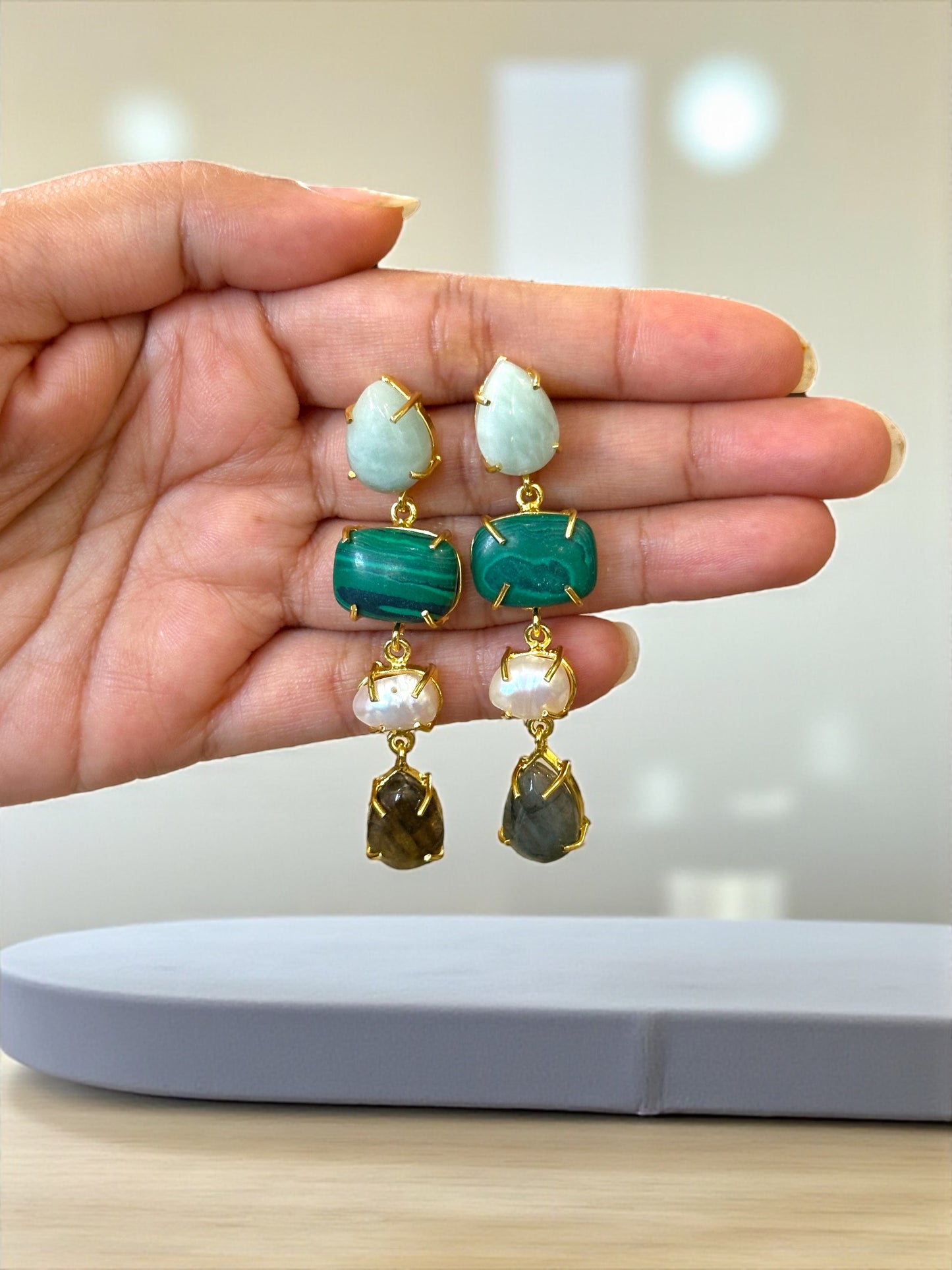Stone and Pearl Long Danglers Earrings
