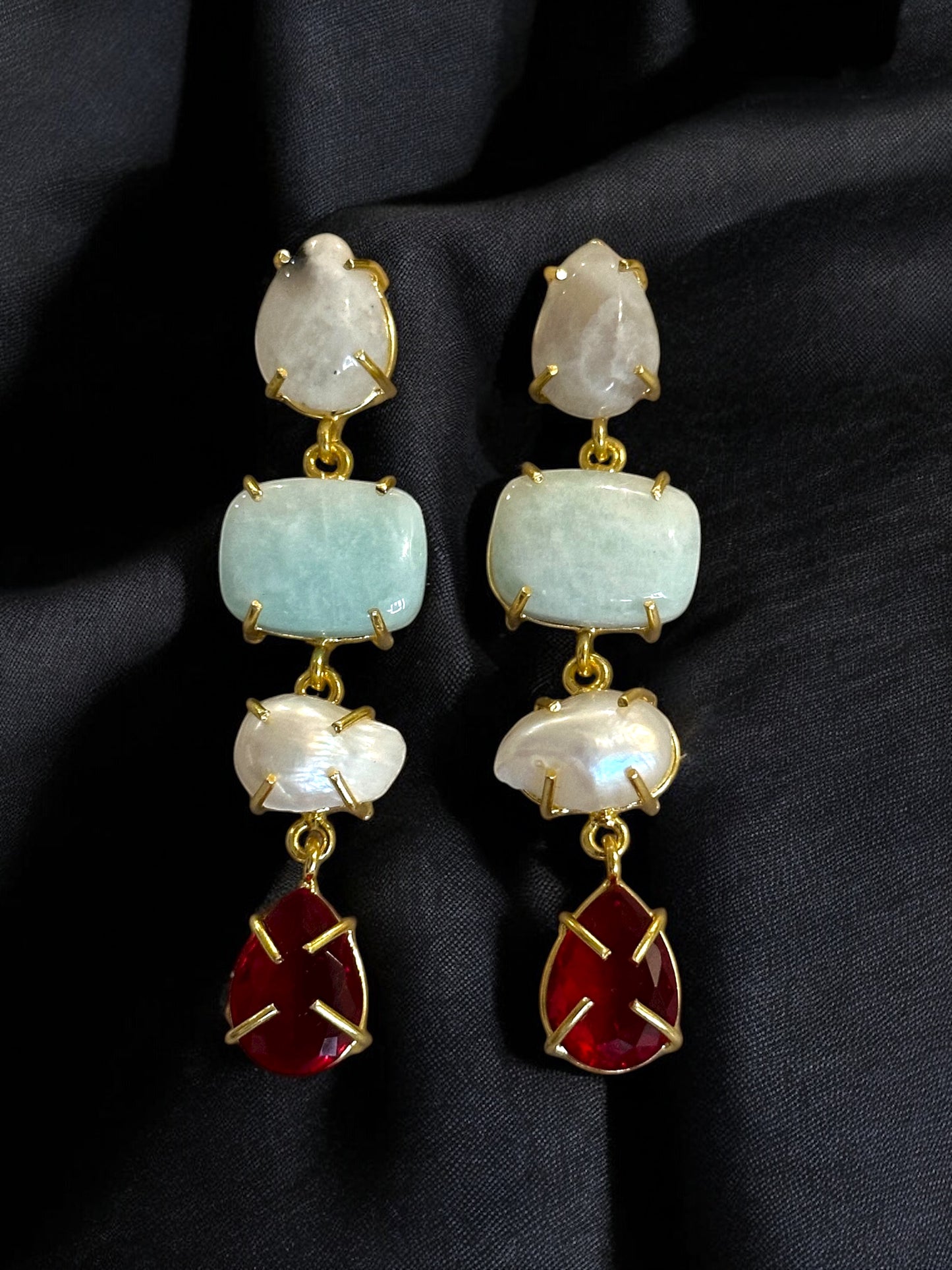 Stone and Pearl Long Danglers Earrings