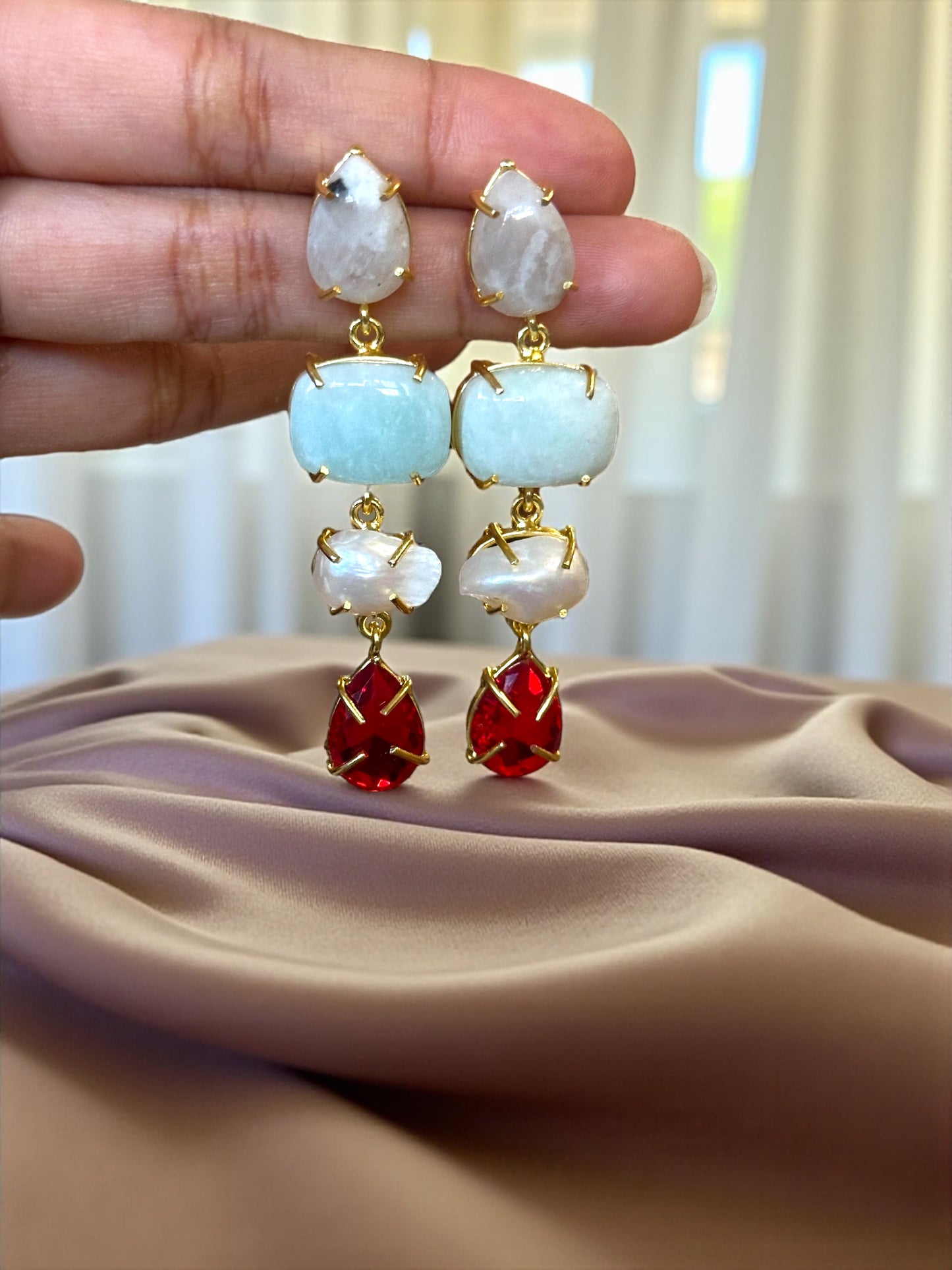 Stone and Pearl Long Danglers Earrings