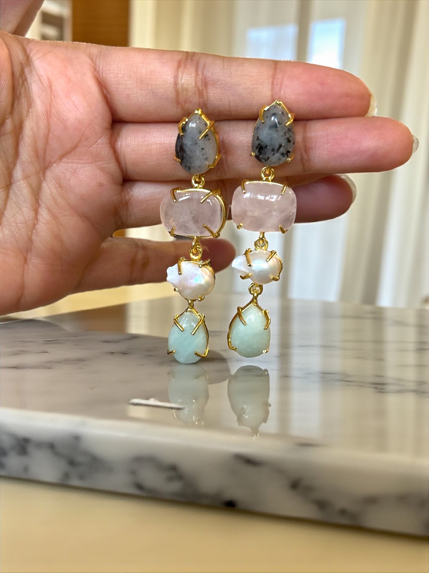 Stone and Pearl Long Danglers Earrings