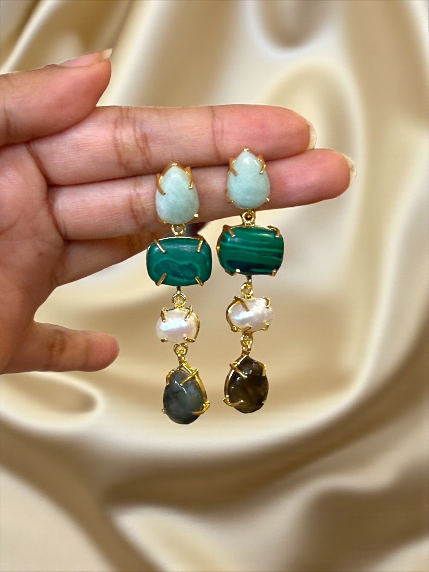 Stone and Pearl Long Danglers Earrings