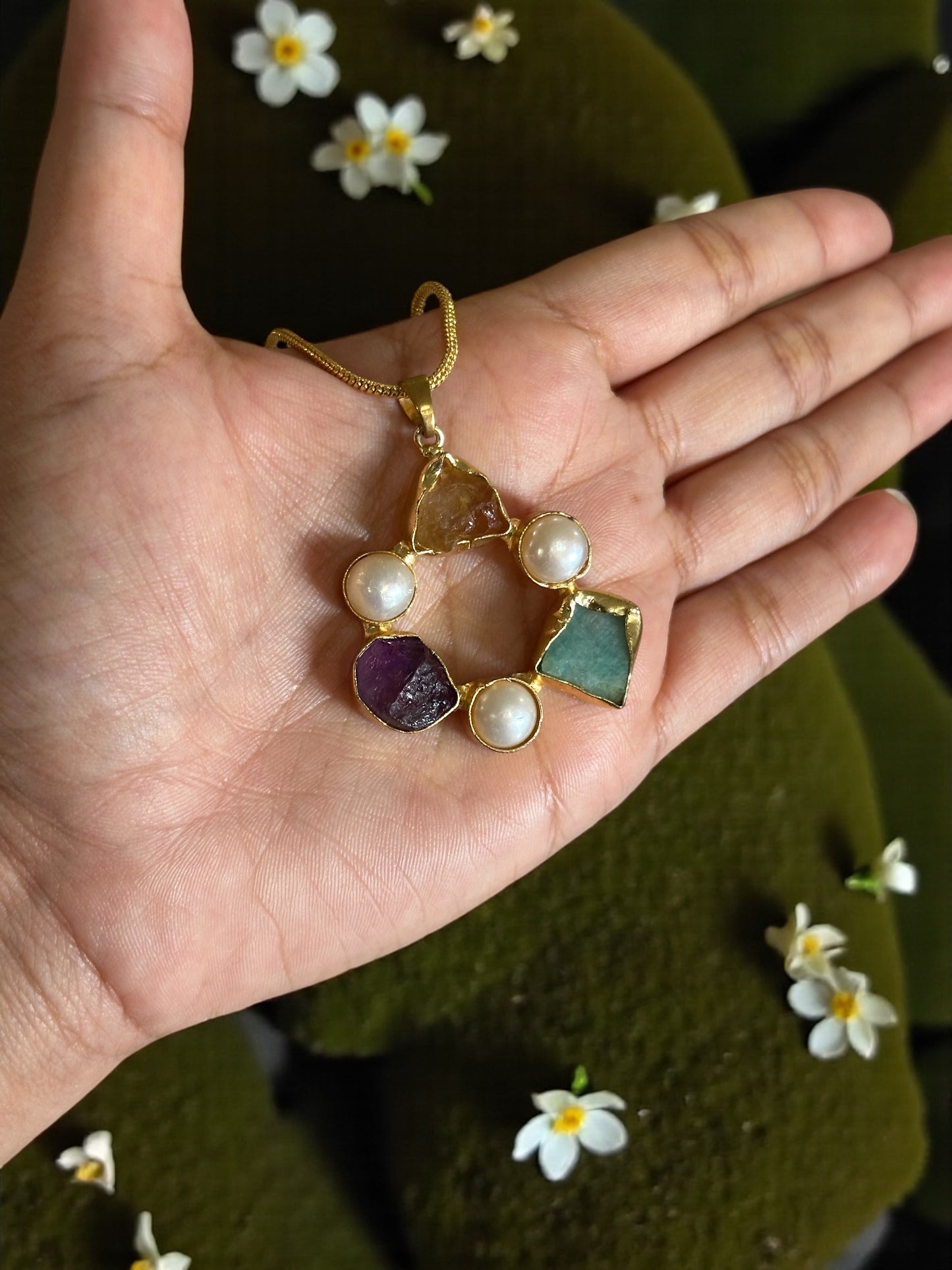 Infinity Circle Stone and Pearl Necklace