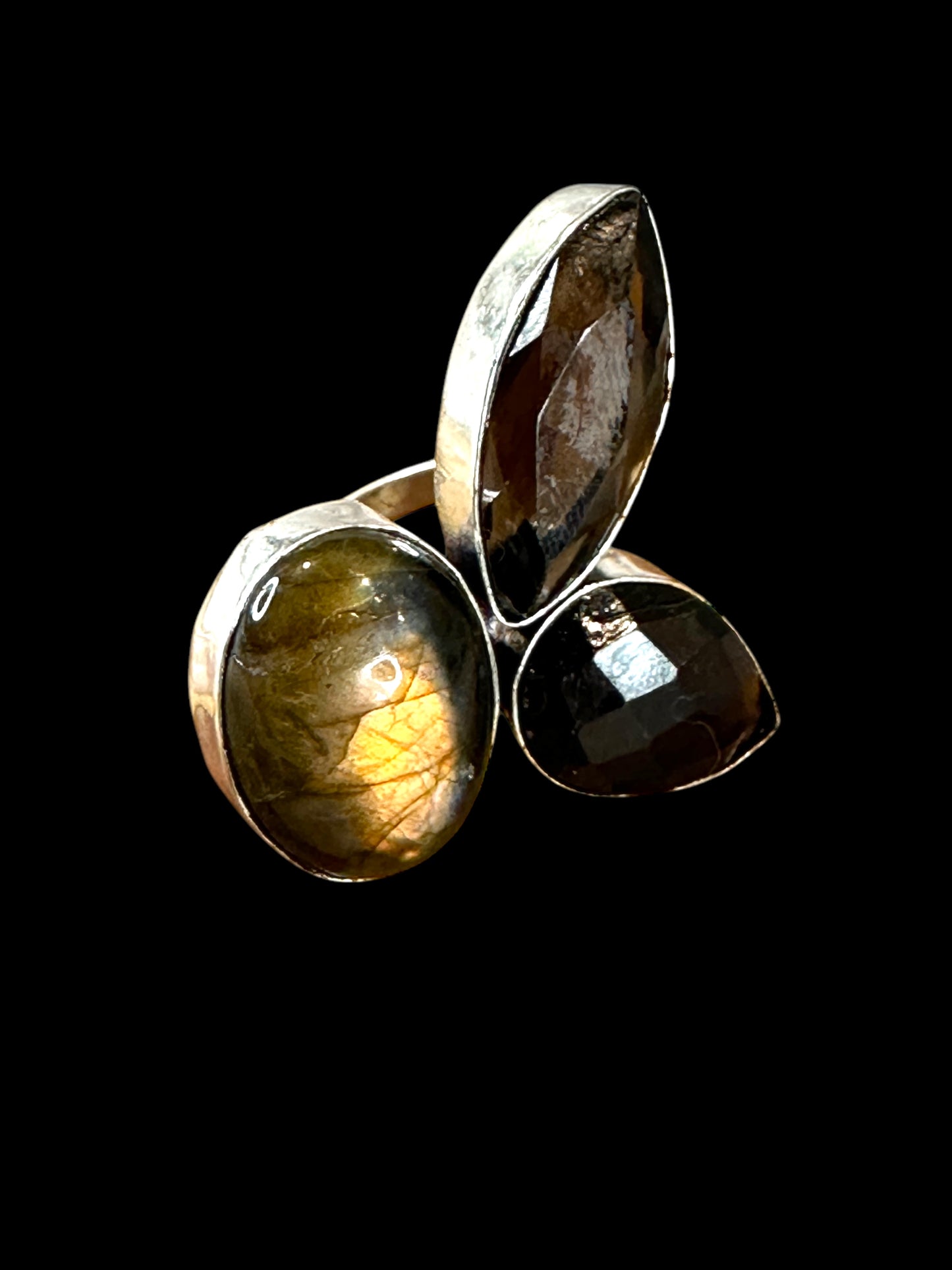 Black Labradorite Tripple Stone Adjustable Ring