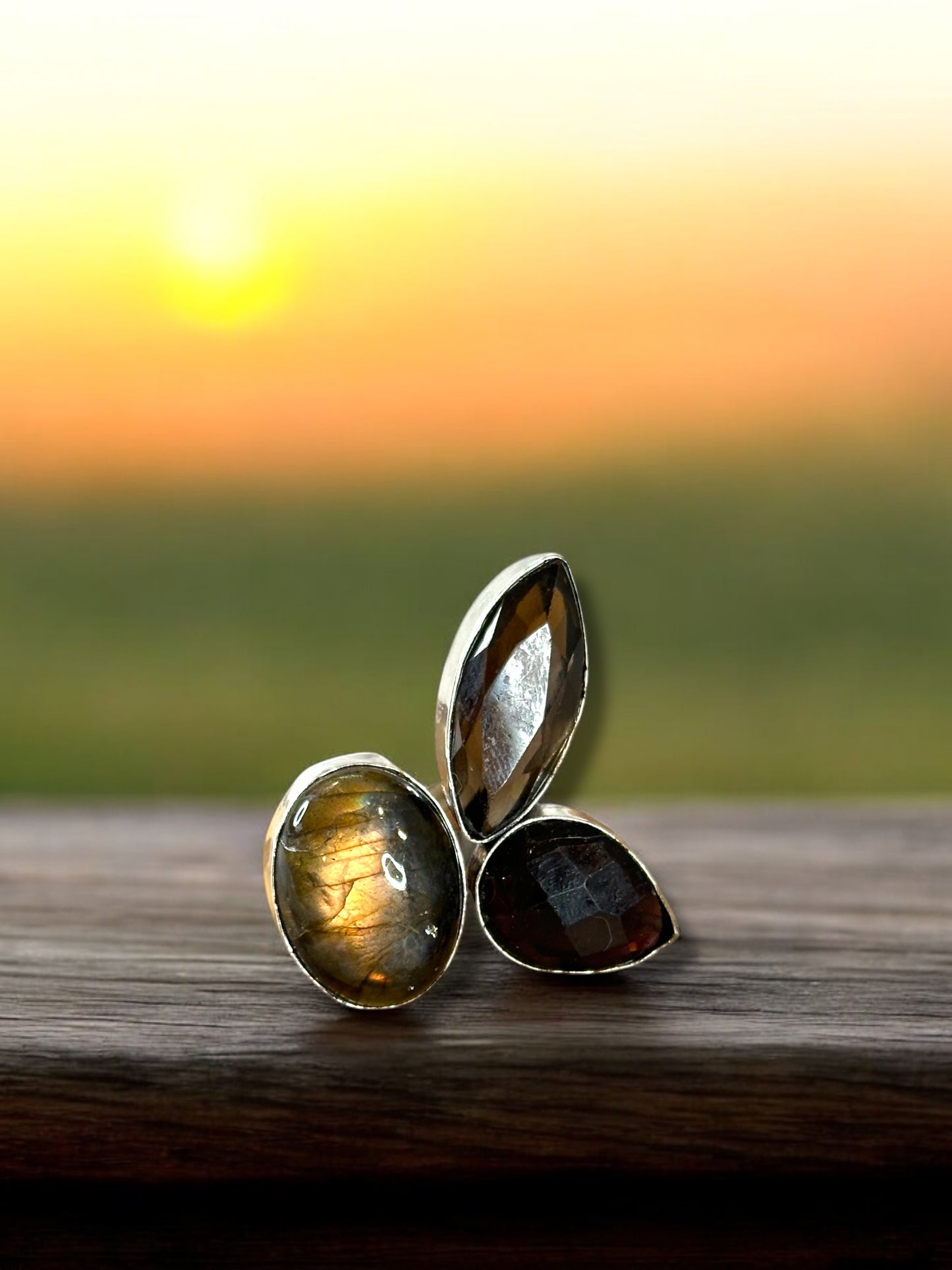 Black Labradorite Tripple Stone Adjustable Ring