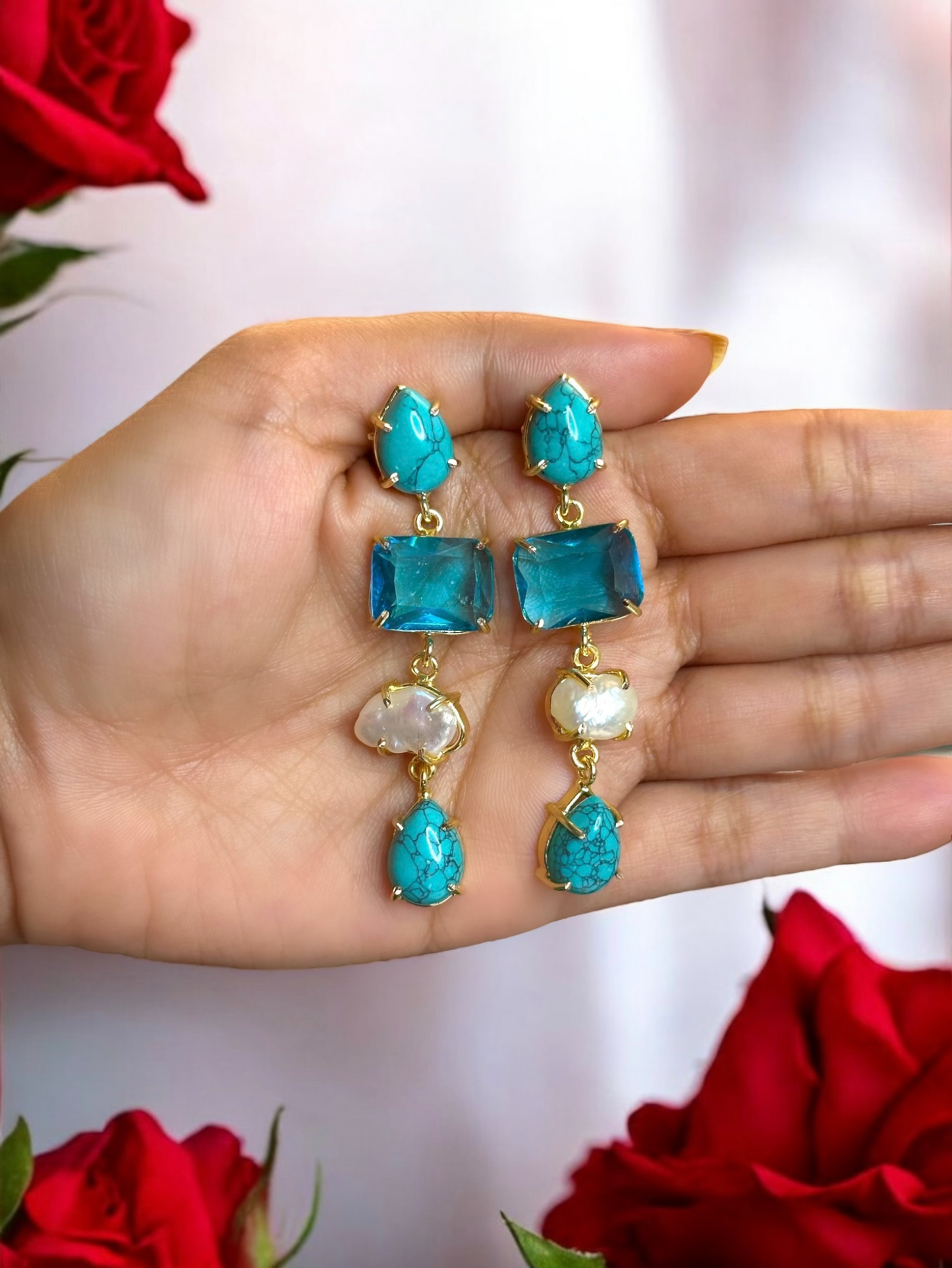 Stone and Pearl Long Danglers Earrings