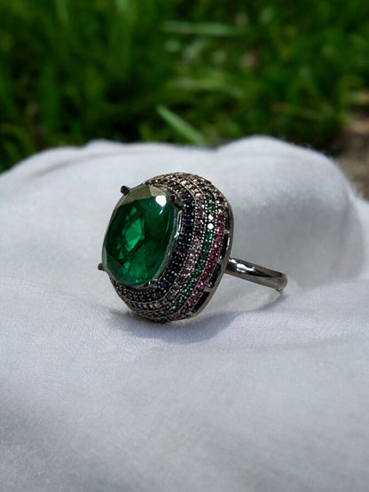 Green Crushed Doublet Square Cocktail Ring Adjustable