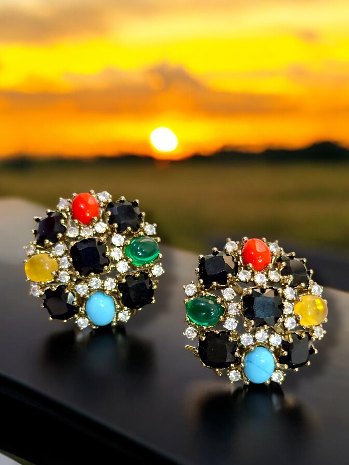 Black with Semi Precious Stone Oversized Studs