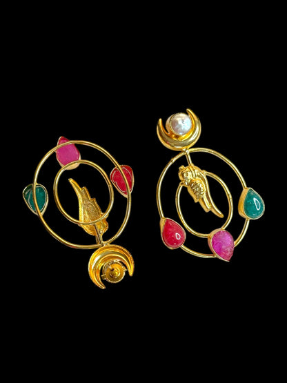 Totapari Stone Pearl Statement Dangler Brass Earrings