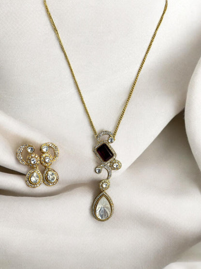 Maroon Teardrop Polki Pendant Set
