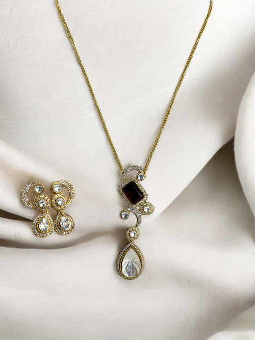 Maroon Teardrop Polki Pendant Set