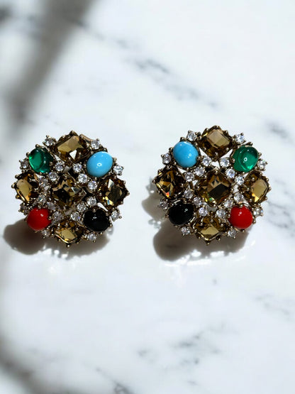 Brown with Semi Precious Stone Oversized Studs