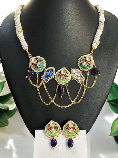 Purple Amethyst Machali Pachi Kundan Choker Set