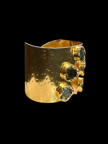 Natural Stone Panch Lazer Cut Brass Cuff Adjustable